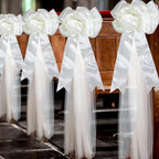 12 Pcs Large Wedding Pew Bows Ivory White 15.7" x 7.9" Satin Bow with 98.5 ft Fabric Tulle Church Chair Ceremony Aisle Decor for Wedding Dress Bowknot Bridal Shower Birthday(Pull Bow) by Solsew