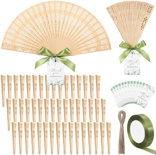 50 Sets Wooden Wedding Fans Sandalwood Handheld Folding Fans with Ribbon Thank You Tag for Wedding Guests Baby Shower Birthday Bridal Gifts Party Favors (Green,Leaf) by Unknown