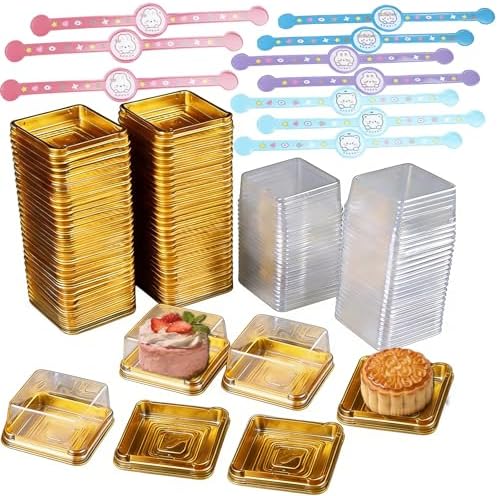 100Set 3X3X1.6 Inch Mini Cake Containers with Clear Lids Gold Base by Unknown