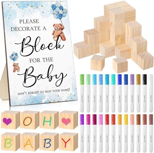 Qilery 75 Pcs Baby Shower Game Sign Kit Wood Blocks, Blue, Bear by Qilery