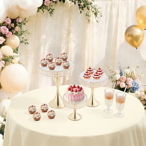 3pcs Round Mirror Cake Stands, Metal Cupcake Display Stand with Crystals, Dessert Pedestal Cupcakes Dessert Cheese Display Plates for Wedding Birthday Party for Baby Shower Home Decor - 15/11/8 Inch Tall (Gold) - Image 3