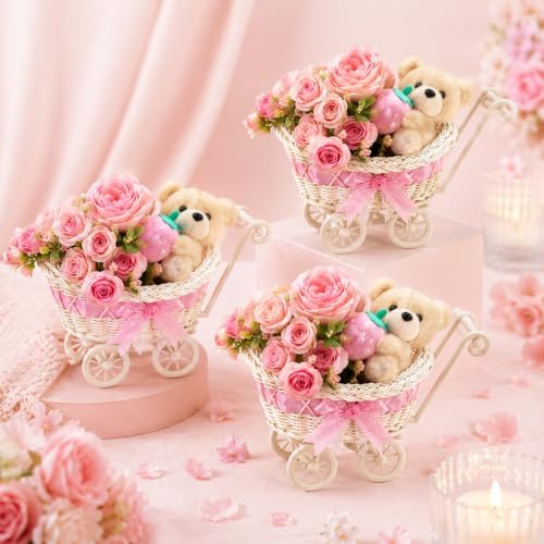 ZOCONE 3 Pack Wicker Baby Carriage Centerpiece with Strawberry Bear, Artificial Rose & Peony Flower Bouquet, Baby Shower Centerpieces for Tables, Gender Reveal, Wedding, Birthday Party Decor by ZOCONE