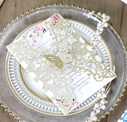 50sets Glitter Laser Cut Lace Flora Wedding Invitation Cards with Butterfly and Envelopes for Bridal Shower Engagement Quinceañera Wedding Invite (Whole Set, Glitter Light Gold) by Cylallen