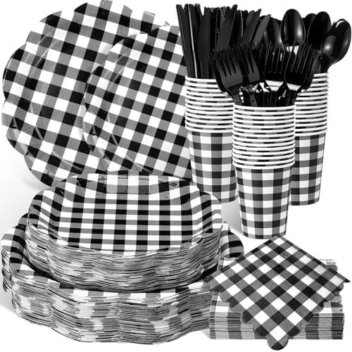 Funnymoom 400 Pcs Gingham Party Supplies for 50 Guests Black and White Paper Plates and Napkins Knives Spoon Fork Cup Disposable Checkered Dinner Party Set Cutlery for Baby Shower Wedding Favor by Funnymoom