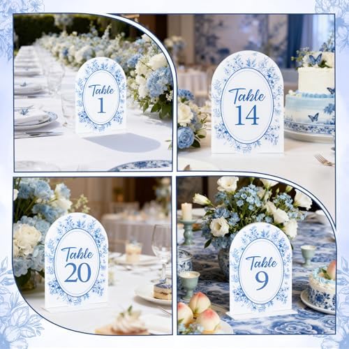Blue Toile Themed Wedding Acrylic Table Number 1-20 with 20Pcs Stands, 5"x7" Blue Floral Place Card Centerpiece Decor Indoor Outdoor Wedding Bridal Shower Anniversary Party Reception - Image 2