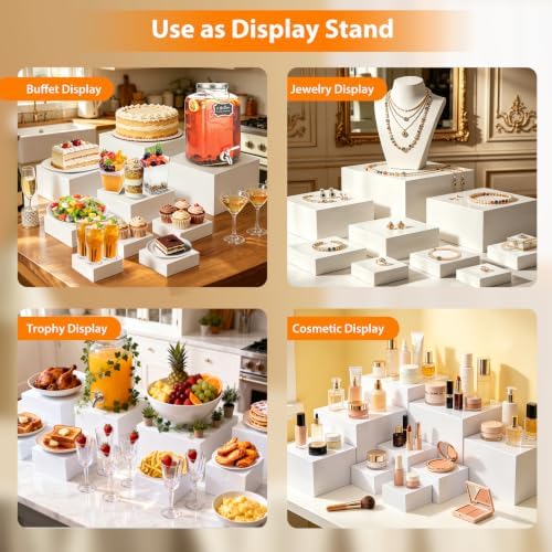 Nestable Buffet Risers - 9 Pcs White Acrylic Food Risers with Signs & Markers – Sturdy Dessert Table Display Stands for Parties, Catering, Jewelry & Collectibles (Easy-Store Stackable Cubes: 10'', 9'', 8", 7", 6", 5'', 5", 4", 4") - Image 5