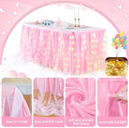 PARTISKY Pink Tulle Tutu Table Skirt for Rectangle Tables or Round Tables,Led Light String Table Cloth for Girls Baby Shower Birthday Party Dessert/Cake Tables - Image 5