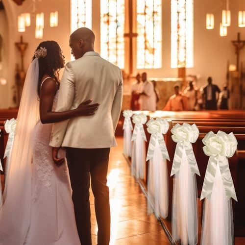 12 Pcs Large Wedding Pew Bows Ivory White 15.7" x 7.9" Satin Bow with 98.5 ft Fabric Tulle Church Chair Ceremony Aisle Decor for Wedding Dress Bowknot Bridal Shower Birthday(Pull Bow) - Image 2