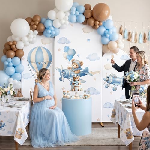 3PCS Teddy Bear Arch Backdrop Cover 4ft 5ft 6ft Vintage Airplane Party Decorations Blue Pilot Spandex Stretch Arch Stand Cover Hot Air Balloon Photo Background for Baby Shower Wedding Birthday Decor - Image 6