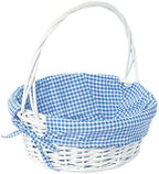 White Round Willow Wicker Gift Basket with Blue Gingham Liner & Handle, Medium – Decorative Foraging, Picnic, Storage Basket by Wickerwise