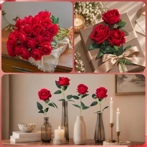 100 PCS Red Roses Artificial Flowers, Fake Roses with Stems Realistic Silk Roses for DIY Wedding Bouquets Tables Centerpieces Arrangements Baby Shower Birthday Home Decor Valentine's Day Gift for Her - Image 2
