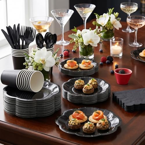 Vyntra Black Paper Plates, Cups & Napkins, 350 Pcs Scalloped Party Set - Image 6
