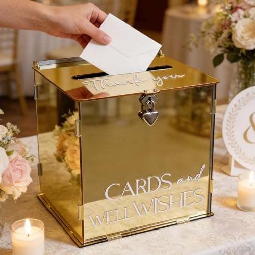 Acrylic Gold Card Box with Lock & Slot, Metallic Golden Classy Wedding Card Boxes for Reception, Luxury Money Gift Cards Box for Party Engagement Bridal Shower Luxury Wedding Table Decor - Image 2