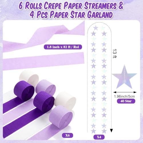 TaoBary Purple Baby Shower Decorations, 6 Roll Purple Streamers 600 Paper Chain Garland 4 Star Hanging 2 Felt Pennant Flag 2 Paper Fans Garland 6 Four Leaf Clover Streamer for Butterfly Birthday Party - Image 5