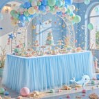 17FT Long Blue Tulle Table Skirt for Rectangle Round Tables 3-Layer Ruffle Desk Teacher Skirt for Back to School Supplies Princess Girls Birthday Party Cake Dessert Classroom Dorm Decor by Partisky
