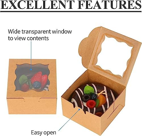 KPOSIYA 120pcs Small Cookie Boxes with Window, 4x4x2.5 Brown Bakery Box - Image 3
