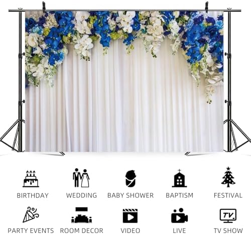 10x6.5ft White Wedding Backdrop White Blue Floral Flowers Photography Background Bride Groom Ceremony Party Bridal Shower Banner Decorations Engagement Proposal Portrait Photo Booth Prop - Image 5