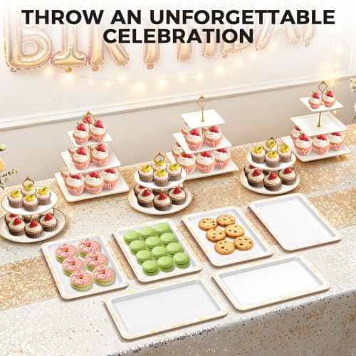14Pcs Dessert Table Display Set, Cupcake Stand with Gold Metal Rod, 3-Tier Cup Cake Tower Stands, 2-Tiered Serving Trays, Food Platters for Tea Party, Baby Shower, Bridal, Wedding, Birthday, Plastic - Image 6
