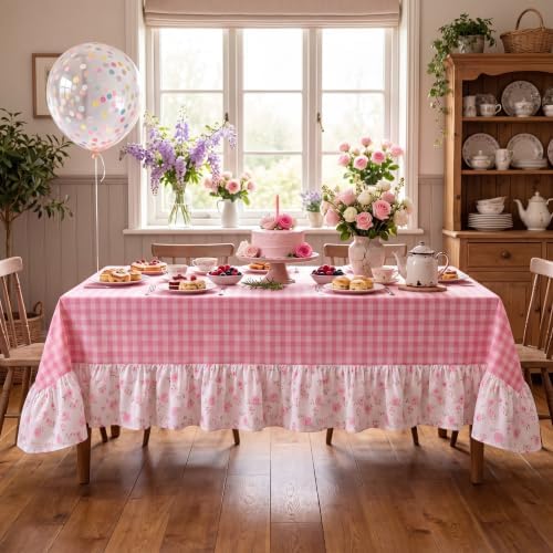 Moukeren Pink White Plaid Ruffled Long Table Cloth Rectangular Fits - Image 2