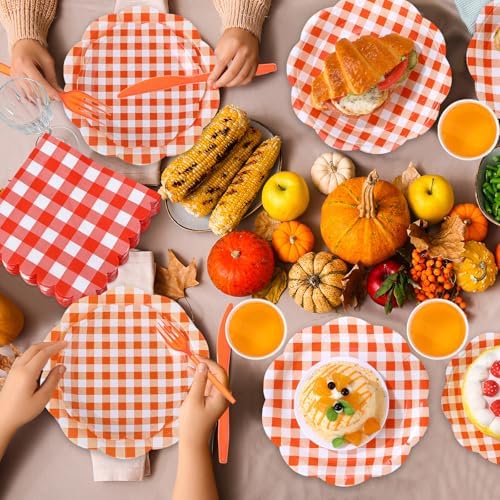 Funnymoom 400 Pcs Orange and White Gingham Party Supplies Dinnerware Set - Image 5