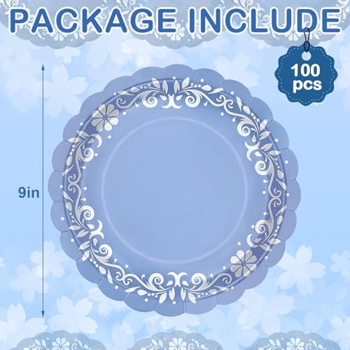 100 Pcs Platos De Barro Mexicanos Paper Plates 9 Inches Blue Cielito Lindo Party Decoration Disposable Scalloped Cinco De Mayo Paper Plates for Fiesta Mexican Talavera Baby Shower Supplies - Image 2