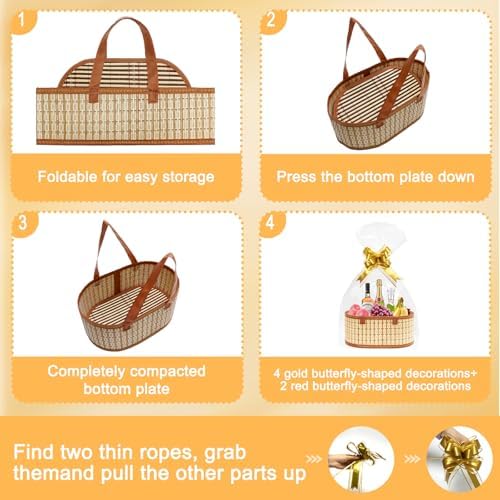 Mapaim 4 Pack Baskets for Gifts Empty,Large Gift Basket Kit with Cellophane Wrap & Bows, Woven Bamboo Gift Baskets with Handles, Ready to Gift Set for Birthday, Holiday, Baby Shower, Easter（Oval） - Image 5