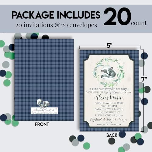 Custom Baby Shower Invites Boy Skunk Baby Shower Invitations 20 5x7 Custom Personalized Skunk Shower Invites With Envelopes - Unique Little Stinker Baby Skunk Theme Shower Cards - Image 4