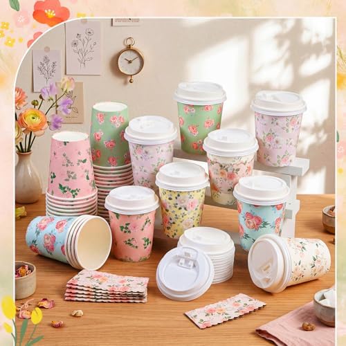 Mimorou 120 Sets Floral Coffee Cups 8oz Tea Party Cups Disposable Fancy Coffee Cup with Lids and Sleeves Flower Designs Hot Cup for Tea Party Wedding Baby Shower Supplies - Image 4