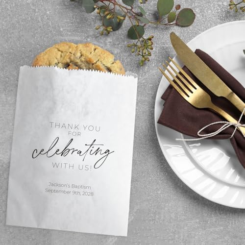 Personalized Script Celebrating With Us Favor Bags / 50 Custom All Occasion Thank You Party Treat Favor Bags / 5 3/4" x 8" Flat Gratitude Candy Cookie Holder / Engagement Wedding Anniversary Appreciation Dessert Bag / Made In The USA - Image 4