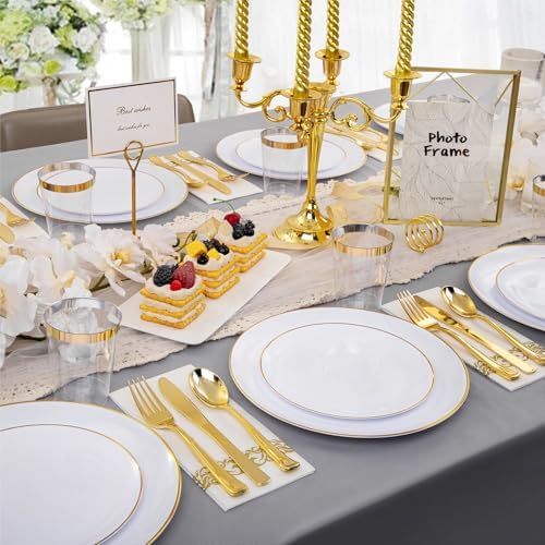Supernal 350Pcs Elegant White and Gold Plastic Dinnerware Set for Wedding - Image 5