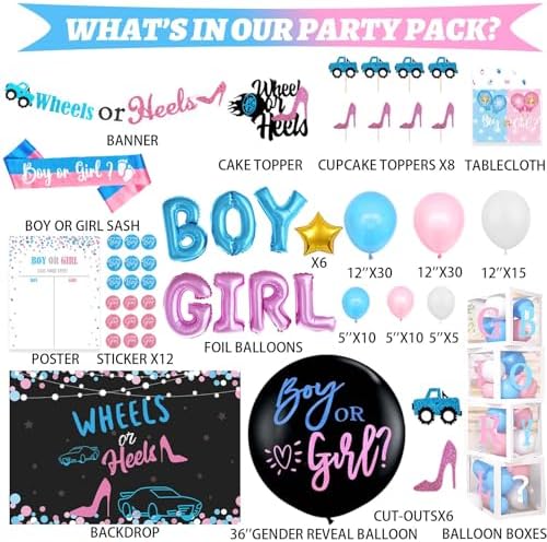 Hombae Wheels or Heels Gender Reveal Decorations, 169 PCs Boy or Girl Gender Reveal Decorations Backdrop Balloon Garland Banner Tablecloth Cake Cupcake Topper Box Cutout Poster Sash Pink Blue - Image 2