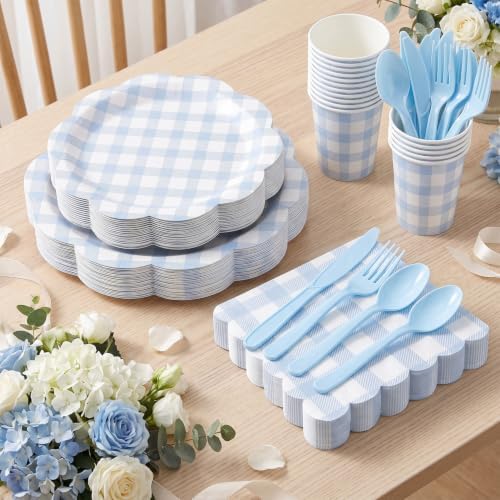 350 PCS Light Blue Gingham Disposable Dinnerware Set, Decagonal Paper Plates 7 & 9 Inch, Napkins, Cups & Cutlery, Checkered Party Supplies for Baby Shower Easter Picnic Wedding - Image 3