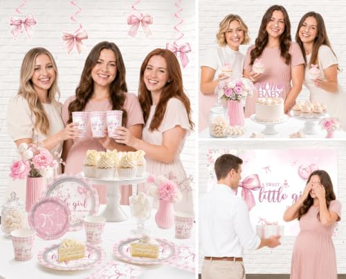 Yingoto 145 Pcs Pink Bow Baby Shower Decorations Tableware Set, Serves 20 - Image 7