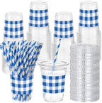 Sliner 50 Sets 16oz Royal Blue White Gingham Party Plastic Cups by Sliner