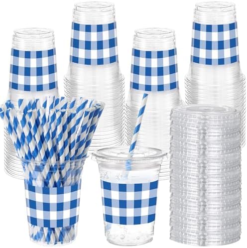Sliner 50 Sets 16oz Royal Blue White Gingham Party Plastic Cups by Sliner