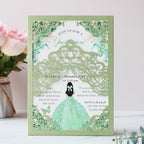 Hosmsua 50PCS Personalized Sage Green Quinceanera Invitations Kit 5.1x7.3 Inch Laser Cut Floral Crown Pocket Quince Invitation Cards with Envelopes for Birthday Bridal Shower - Image 3
