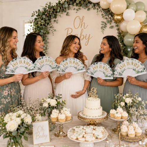 Cinrobiye 24 Pcs Greenery Baby Shower Folding Hand Fans, Sage Green Eucalyptus Oh Baby Fans Bulk, Foldable Fan Favors for Gender Reveal, Baby Shower Guest Favors and Party Decorations - Image 5