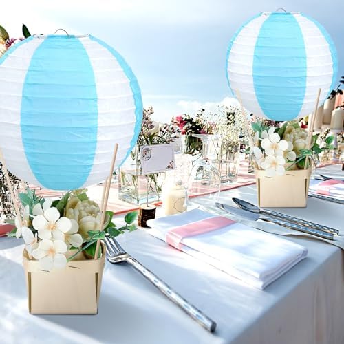 Rossesay 12 Sets Hot Air Balloon Decorations DIY Paper Lanterns Baby Shower Table Centerpieces Wooden Basket with Sticks for Gender Reveal, First Birthday Party, Wedding, Graduation(Blue) - Image 6