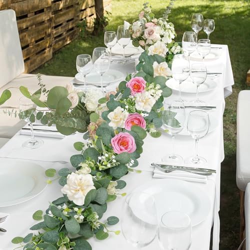 TOCHGREEN 4 Pack Artificial Eucalyptus Flower Garland with White Pink Roses - Image 7
