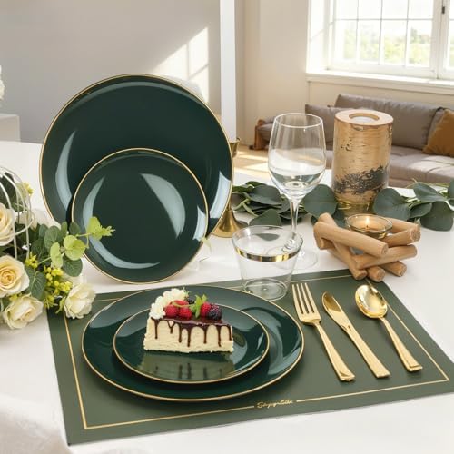 WDF 150Pcs Green Plastic Plates - Green Plates Disposable with Gold Rim - 25Guest Disposable Dinnerware Include 50 Plastic Plate 75 Gold Cutlery 25 9oz Cups for Wedding/Party/Birthday - Image 3