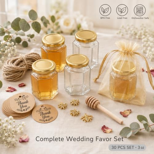 R DRURLCD 30 Pack 3 oz Small Hexagonal Mini Glass Honey Jars in Bulk with Wooden Dipper Bee Charms Thank You Cards Jutes for Baby Shower Wedding Birthdays Party Favors Gifts - Image 3