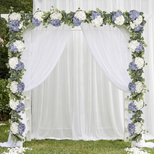 Artificial Hydrangea Flower Garland with Eucalyptus & Baby’s Breath 2PCS 6FT Floral Vines Greenery Garland for Mantel Wedding Arch Table Centerpiece Coastal Home Outdoor Decor (2, Dusty Blue & White) - Image 2