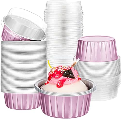 200 Pack Aluminum Cupcake Liners with Lids,Pink,Plain by Gandeer
