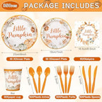 Dandat 350 Pcs Baby Shower Plates Set Baby Shower Party Supplies Serves 50 Tableware Sets Include Plates Napkin Cup Forks Knives Spoons Disposable Dinnerware(Little Pumpkin,Orange) - Image 3