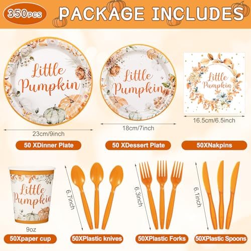 Dandat 350 Pcs Baby Shower Plates Set Baby Shower Party Supplies Serves 50 Tableware Sets Include Plates Napkin Cup Forks Knives Spoons Disposable Dinnerware(Little Pumpkin,Orange) - Image 3
