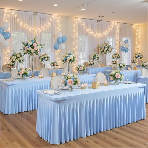 4 Pack Baby Blue Spandex Tablecloths for Rectangle Tables 8 Foot Blue Stretch Table Cloth Rectangle 8ft Elastic Fitted Table Cover with Skirt for Wedding Baby Shower Boy Birthday Party Banquet Buffet - Image 3