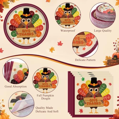 Pickmesh 250 Pcs Turkey Thanksgiving Party Decorations Autumn Harvest Paper Plates Napkins and Cups Give Thanks Disposable Tableware Set for Fall Thanksgiving Friendsgiving Party Supplies Serve 50 - Image 3