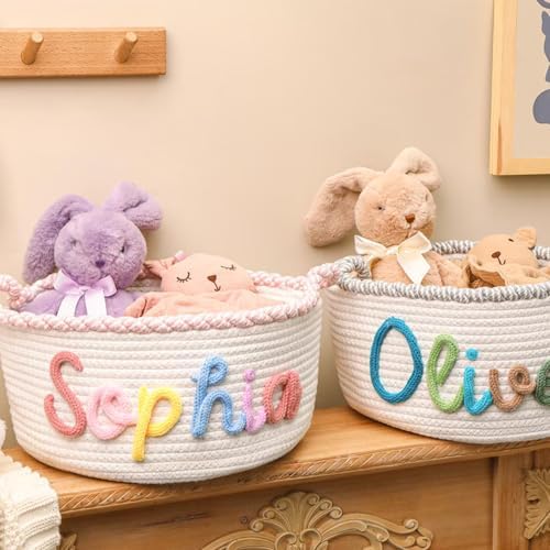 Personalized Cute Small Woven Basket with Handles, Custom Cotton Rope Room Shelf Storage Basket, Empty Decorative Gift Basket, Decorative Round Bin for Nursery Bedroom Bathroom (Style J) - Image 7
