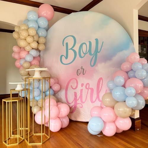 Laeacco 7.5x7.5ft Boy or Girl Gender Reveal Round Backdrop Blue Pink Clouds Circle Background for Photography Newborn Baby Shower Gender Reveal Surprise Party Cake Table Decorations Photo Booth Props - Image 3