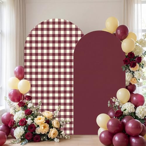 Tegeme 2 Set Gingham Arch Backdrop Cover 7.2ft 6.6ft Arch Cover, Burgundy - Image 4